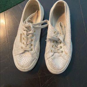 Superga size 6 1/2 white and gold snake print